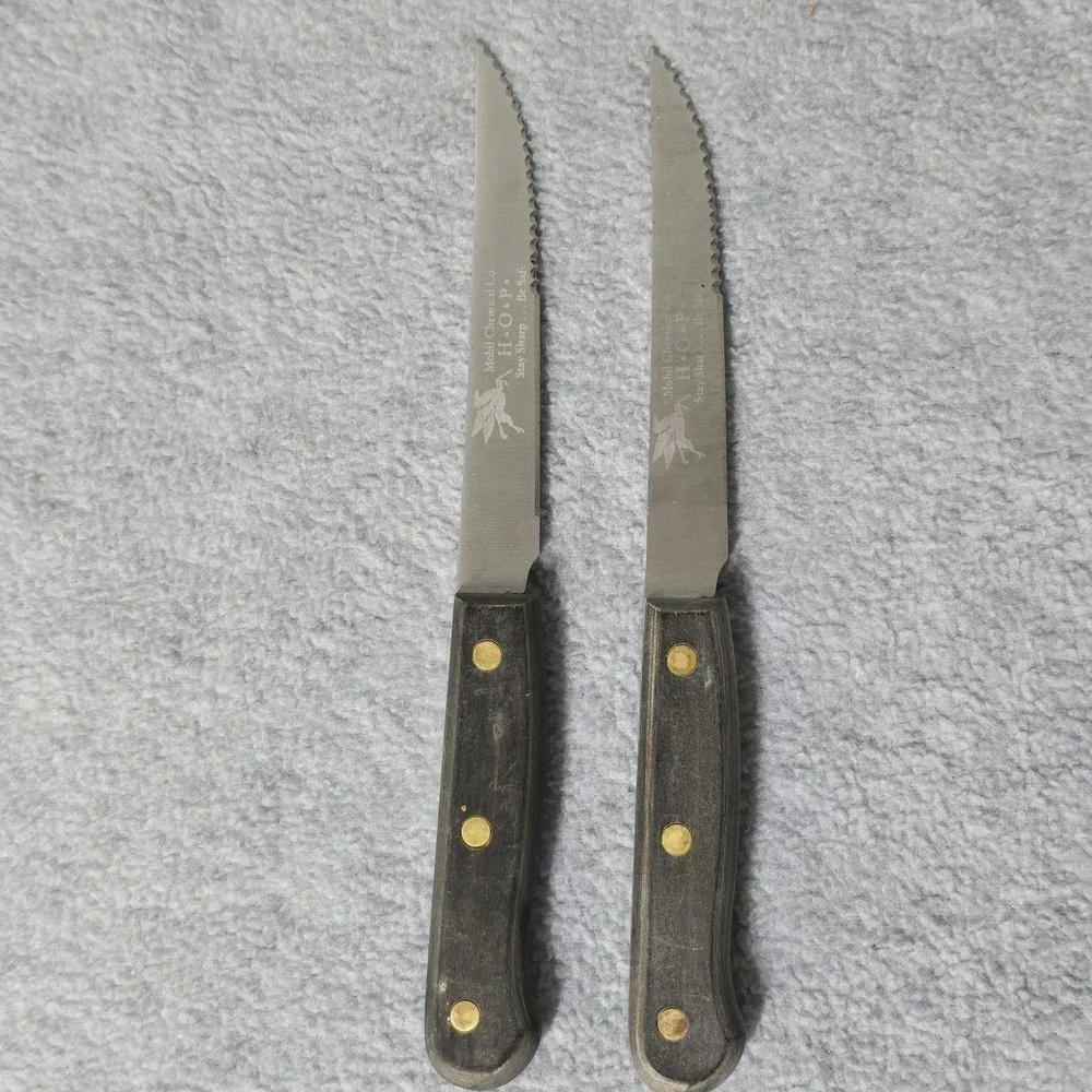 Vintage Mobil Chemical Steak Knives Tramontina Onyx Set 2 Wood Handle Brazil